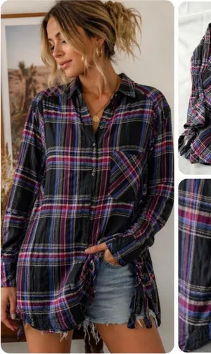 Free‎ People Cozycore Plaid Button Up Shirt Oversized Lace Up XS Grunge Boho thumbnail 1