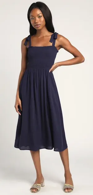Lulus Navy Smocked Tie Strap Square Neck Sleeveless Midi Dress Medium thumbnail 1
