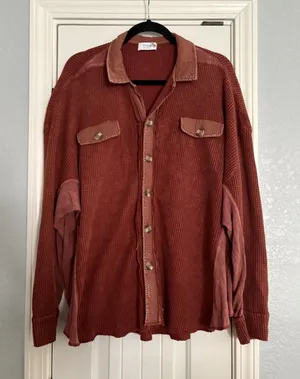 Bluivy Shacket Women ML Rust Waffle Knit‎ Button Down Contrast Panel Oversized Orange Size L thumbnail 1