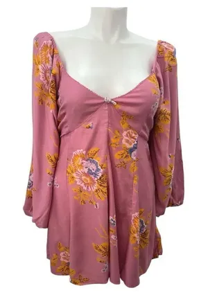 Free People Pink Floral Francesca Balloon Sleeve Mini Dress thumbnail 1