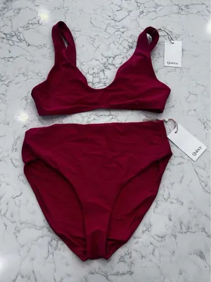 NWT Quince Cherry Red Italian Plunge Bikini Top & High Rise Bottom Set Large thumbnail 1