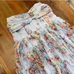 DressAlisa Light Blue Floral Mesh Tiered Ruffle Maxi Dress Strapless NWOT Large thumbnail 1