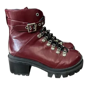 Jeffrey‎ Campbell Czech Combat Boots Sz 8.5 Burgundy Red Patent Faux Leather thumbnail 1