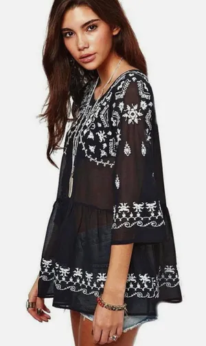 Free People Black and White Sheer Embroidered Peasant Blouse - Size - Medium thumbnail 1