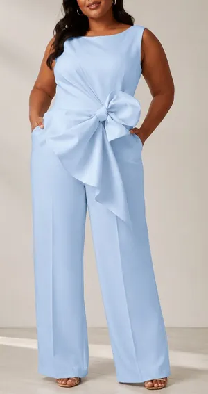 Fehaute Light Blue Bow Wide Leg Formal Sleeveless Boat Neck Pantsuit Jumpsuit thumbnail 1