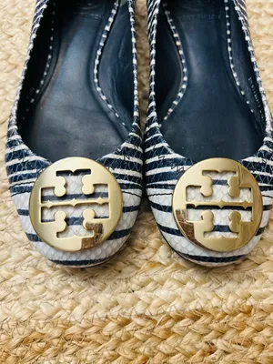 Tory Burch Reva Navy Blue White Striped Snake Skin Embossed Logo Ballet Flat 6.5 thumbnail 8