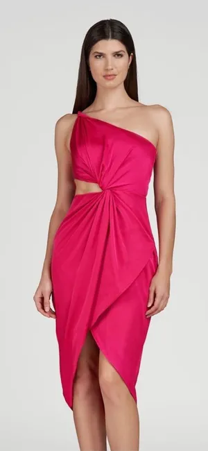 AMUR Deena One Shoulder Midi Dress in Rosie Raspberry‎ Hot Pink Satin Cut Out 4 thumbnail 1