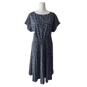 Navy & White Floral Pleated Scoop Neck Elastic Waist Short Sleeve Midi Dress thumbnail 2