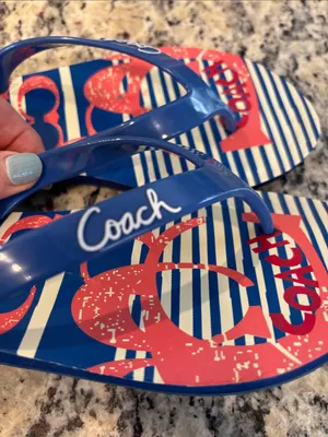 Coach Poppy Navy & Coral Striped Logo Flip Flops thumbnail 8
