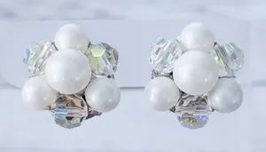 Vintage Clip On Earrings Off White & Iridescent Cluster thumbnail 1
