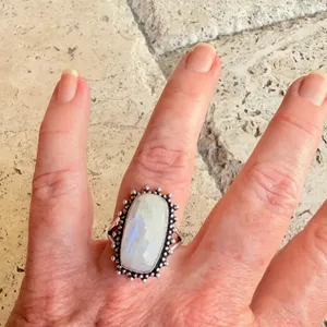 Rainbow Moonstone 925 Silver Overlay Ring Size 9 thumbnail 2