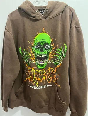 Broken Promises Brown Hoodie with Green Skull Graphic Pullover size Large thumbnail 1