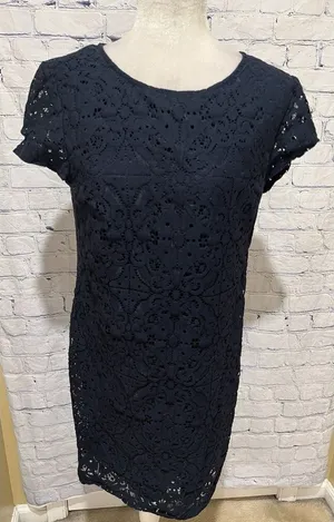 Banana Republic Dress Navy Blue Short Sleeve Lace Zipper Back Size -12 thumbnail 1