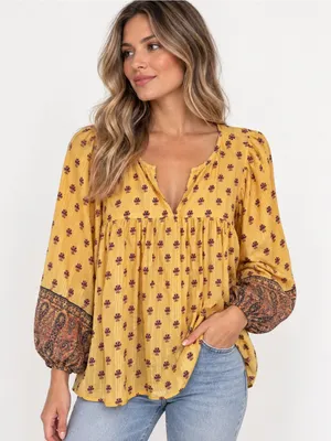 Cleobella Boho Floral Peasant Blouse Babydoll Tunic Organic Cotton Yellow Size L thumbnail 1
