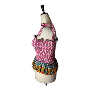 Feather & Find Shirt Women XS Pink Geometric‎ Shiva Boho Luxe Smocked Tie Strap thumbnail 7