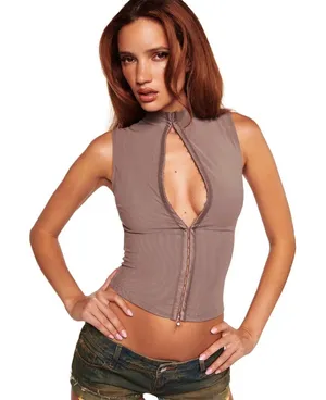 I.AM.GIA Taupe Hook and Eye Mock Neck Sleeveless Corset Top XXS NEW thumbnail 1