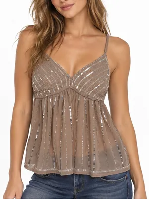 Lizette Collection Sequin Beaded Babydoll Cami Top Y2K Fairy Party Taupe Med NWT thumbnail 1