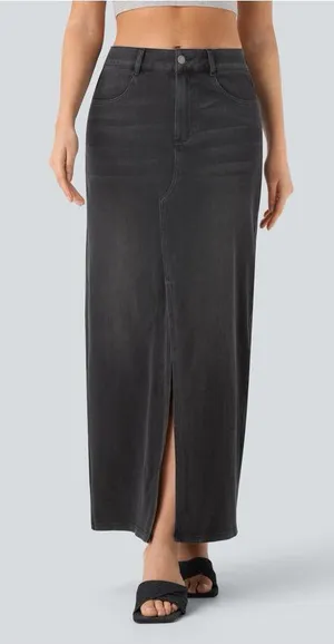 Halara Flex Denim Maxi Skirt XS Dark Wash Front Slit Stretch NWT thumbnail 1