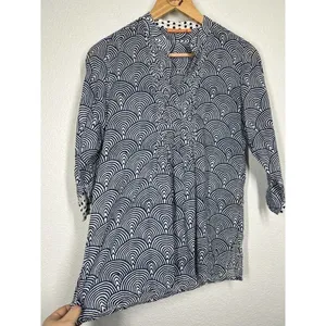 Oliphant Small S Printed Cotton Top Navy White Pleated Pintuck Tuckernuck thumbnail 3