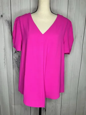 NWT Jodifl Women's Blouse Sz M Hot Pink Short Sleeves V Neck NEW Lightweight thumbnail 1