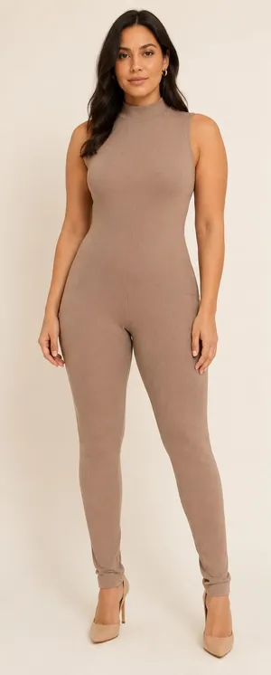 Lilly’s Kloset Brown Ribbed Mock Neck Sleeveless Jumpsuit Catsuit L NWT thumbnail 1