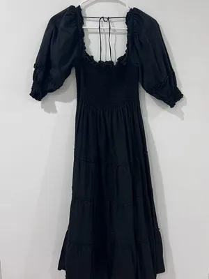 Hill House Black Smocked Puff Sleeve Midi Nap Dress S thumbnail 1