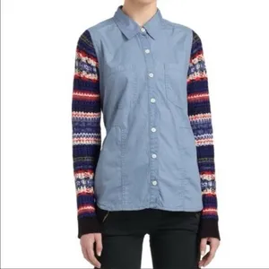 ✨We the Free People Fair Isle Sweater Knit Sleeve Chambray Sz SX✨ thumbnail 2