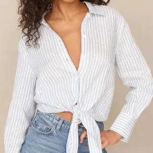 Reformation Blue White Striped Linen Tie Front Button Down Shirt Large thumbnail 1