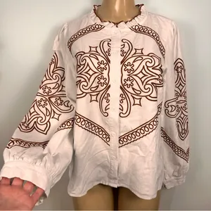 &Merci Embroidered Womens Top Blouse Sz M 100% Cotton White/Brown Puff Sleeves thumbnail 4