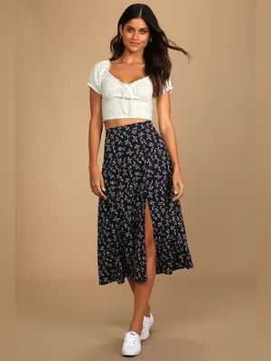 Lulus Bliss Me Navy Blue Floral Print Midi Skirt thumbnail 3