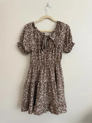Blu Pepper Brown White Floral Puff-Sleeve Mini Dress Size Medium thumbnail 5