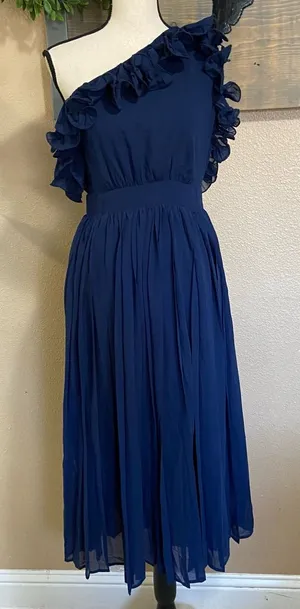 NWOT Lulus Splendid Charisma Navy Ruffled Pleated One-Shoulder Midi Dress thumbnail 1