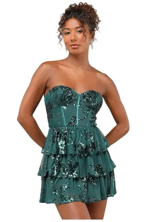 Lulus Definite Glamour Emerald Mesh Sequin Bustier Tiered Mini Dress NWT thumbnail 1