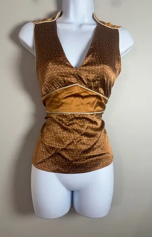 Original Penguin by Munsingwear Bronze Silk Polka Dot Sleeveless V-Neck Top 2 thumbnail 1