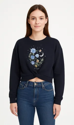 Cut & Paste Black‎ Floral Astrology Planets Cropped Pullover Sweatshirt Medium Black thumbnail 1