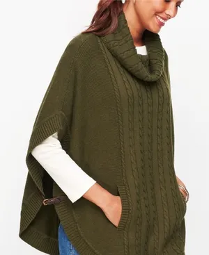 Talbots Cable‎ Knit Cowl Neck Poncho Olive Green Size XS NWT thumbnail 1