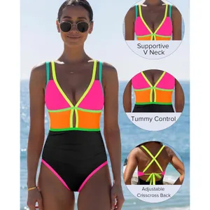 NWT Popvil Neon Color Block One Piece Swimsuit Tummy Control Cutout Large thumbnail 5