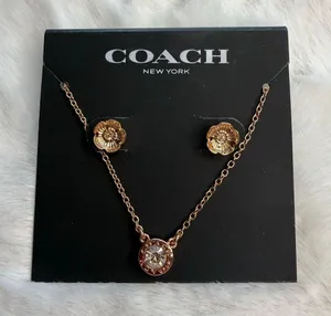 NWT COACH Signature Rose Gold Tone Floral Earrings Studs and Necklace Set thumbnail 1