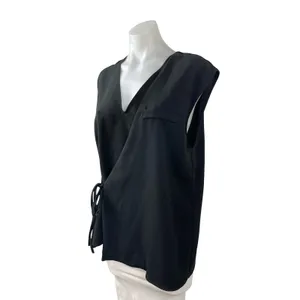 Zara Women's Black Short Cap Sleeve V Neck Tie Wrap Pocket Blouse Top Size L thumbnail 3