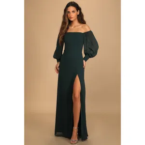 NWT Lulus Feel the Romance Emerald Green Off-the-Shoulder Maxi Dress Wedding XS thumbnail 4