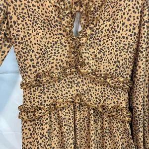 Women's brown leopard print ruffle deep v-neck flowy long‎ sleeve casual dress S thumbnail 4