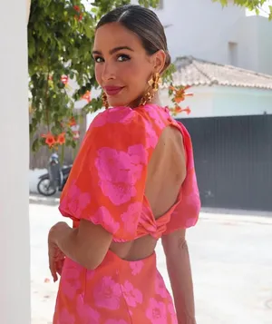 Zara dress mini puff wide sleeve cut out hot Pink Floral wedding summer vacation thumbnail 6