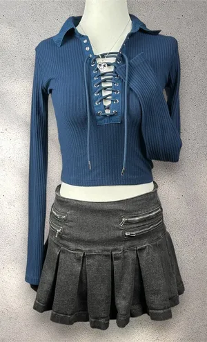 GUESS Lace-Up Collared Crop Top Women's XS Navy Ribbed Long Sleeve Y2K Cybercore thumbnail 1