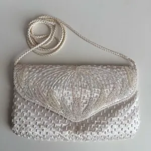 Vintage White Beaded Satin Clutch Purse | Pearl Evening Bag Bridal Prom 90s Y2K thumbnail 2
