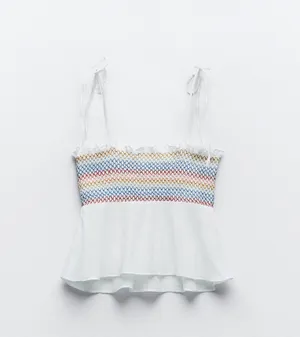 ZARA NWT  Strappy Elasticized Smocked Top Rainbow Ecru. Size Medium thumbnail 5