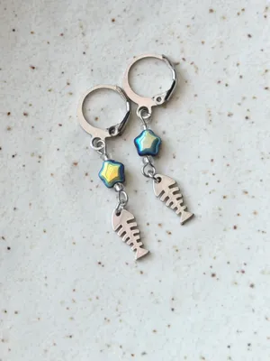 Handmade fish bone & star stainless steel unique funky dangle earrings🌀🐟💙⭐️ thumbnail 5