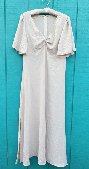 SHEIN Beige Twist Front Flutter‎ Sleeve V-Neck Maxi Dress Side Slit Size Large thumbnail 1