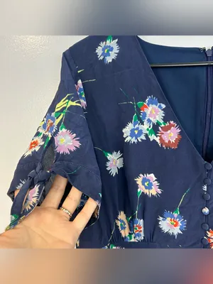 Madewell Blue 100% Silk Button-Front Short Tie-Sleeve Floral Mini Dress Size 14 thumbnail 7