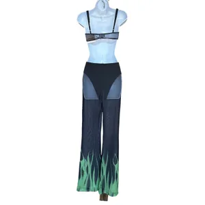 Superdown Black Sheer Flare Pant Set MEDIUM Crop Top Wicked Cochella $88 NEW thumbnail 6