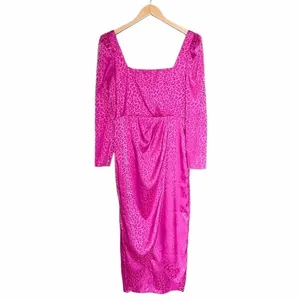 NWT Saylor Leopard Jacquard Satin Midi Dress Size Medium Magenta Pink Faux Wrap thumbnail 4